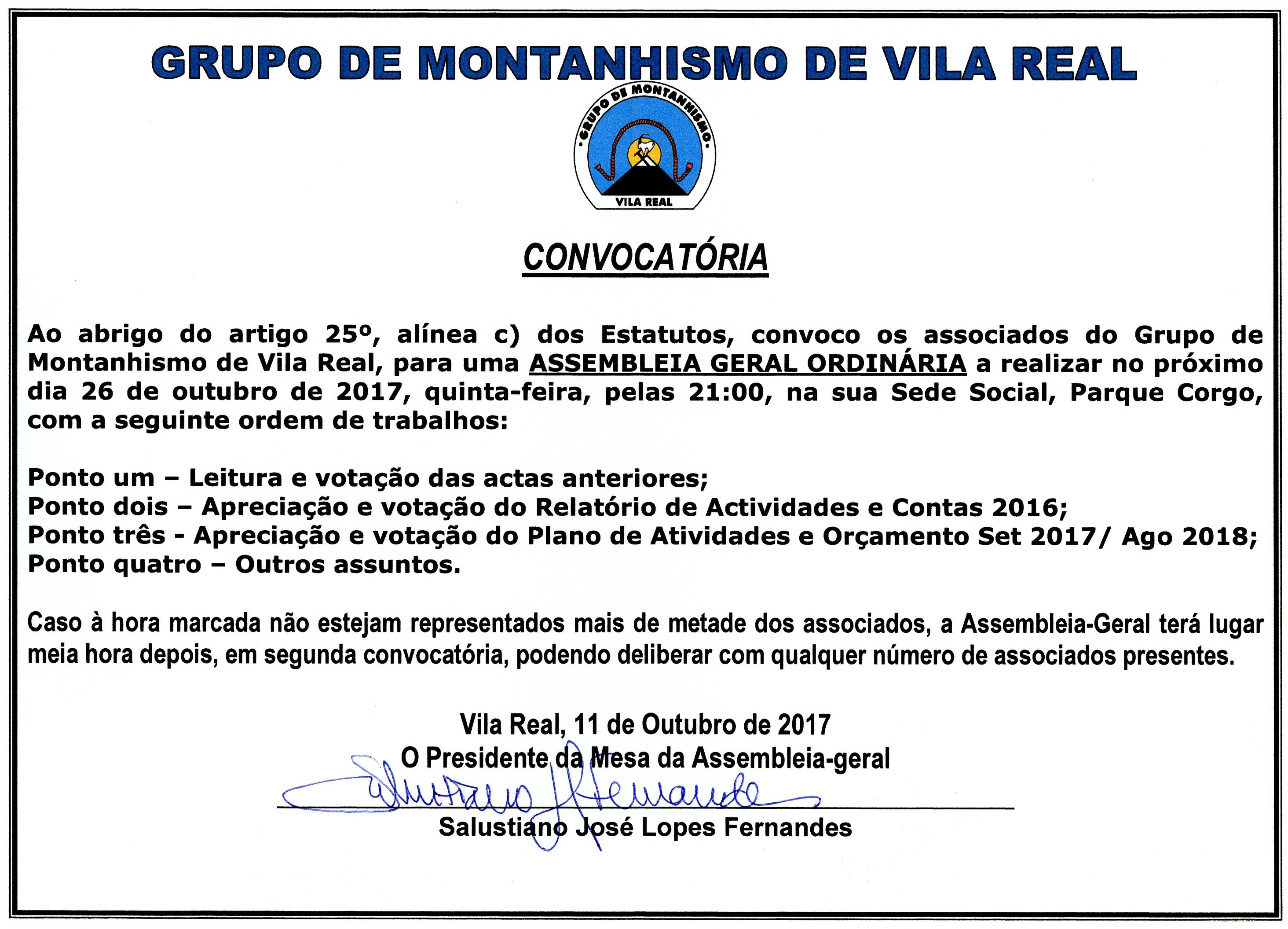 Convocat&oacute;ria Assembleia Geral Ordin&aacute;ria